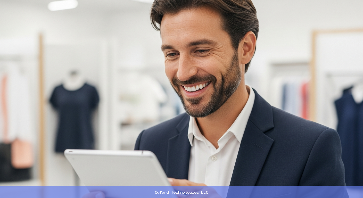 retail store owner smiling using tablet